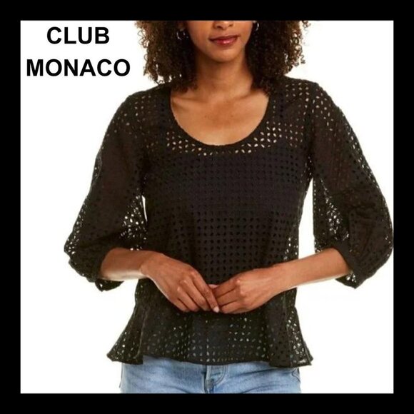 NWT CLUB MONACO Black eyelet embroidered puff sleeve blouse - Picture 1 of 12